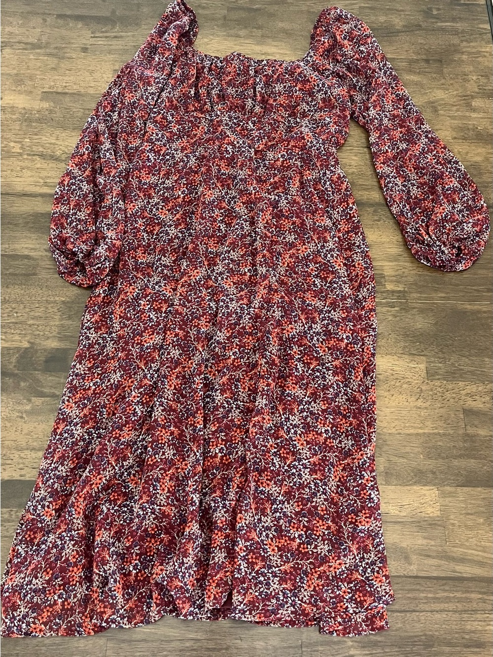 Blue Rain Smocked Off-Shoulder Floral Dress Long Sleeves Square Neck Red Large